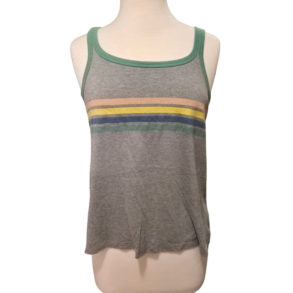 Homage Womens Medium Gray Ringer Tank Top Retro Rainbow Stripe Made in USA